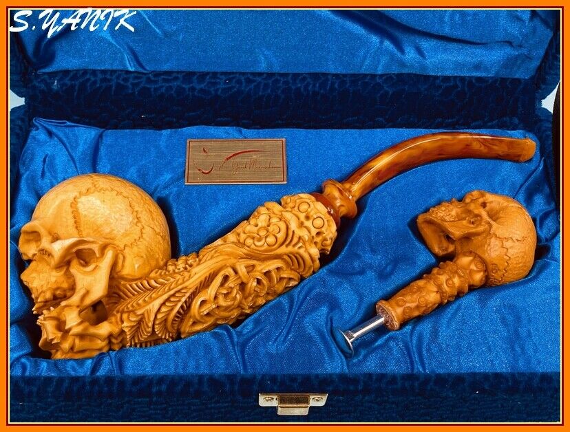 S.yanik Meerschaum Pipe Bone Hand Holding Skull Large Square Case
