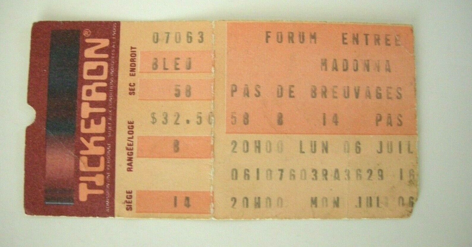 Madonna Concert Ticket Stub July 6, 1987 Montreal Forum