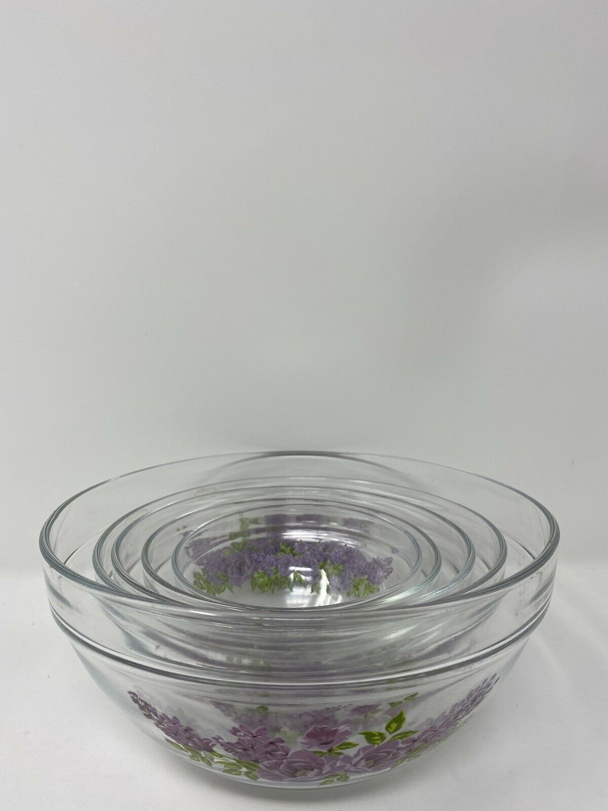 Durable Heat Resistant 5 Glass Stacking Bowls With Purple Flower Design