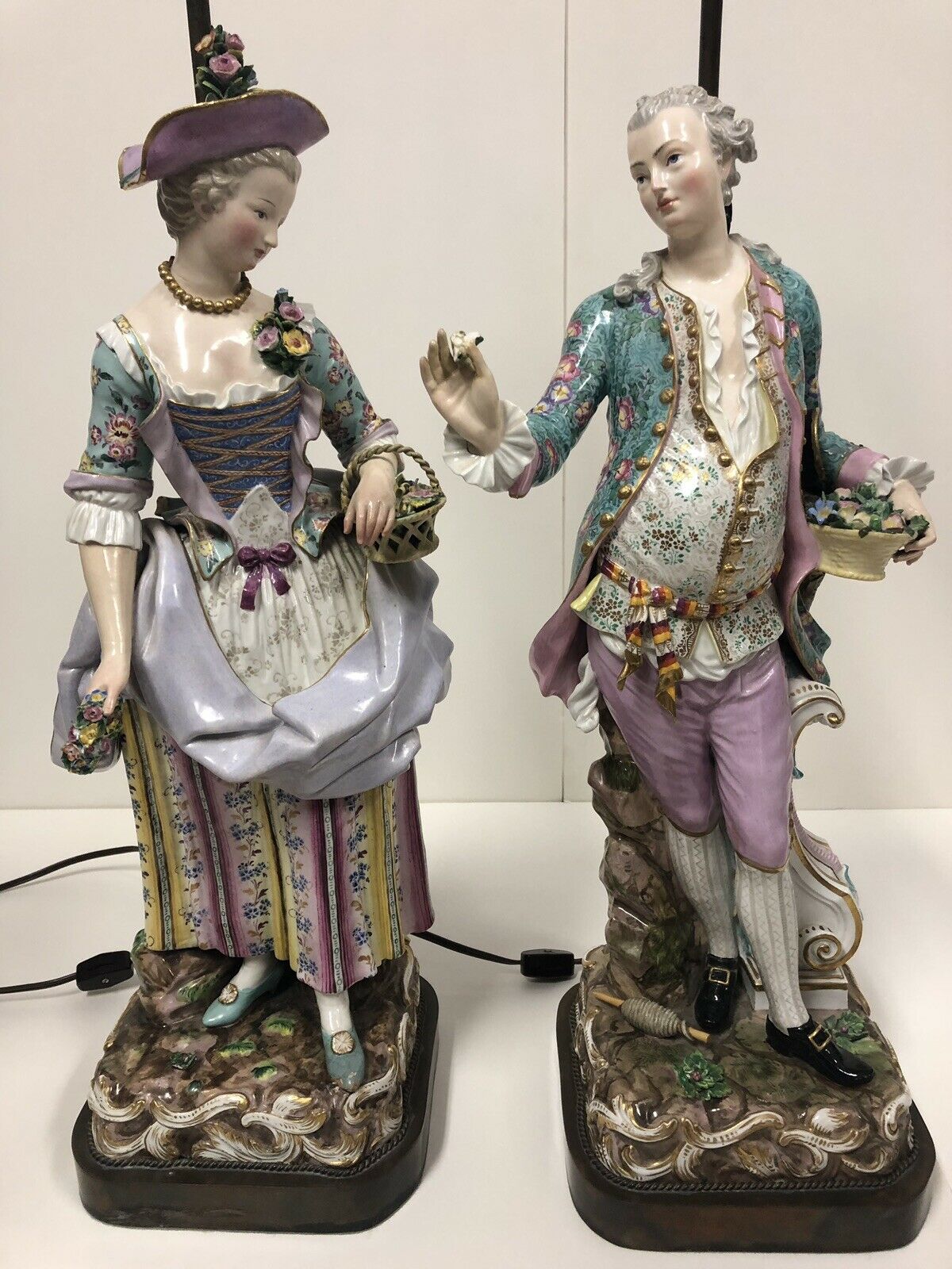 Very Large Pair Antique Meissen Porcelain Figures Gentleman And Lady +lamp Bases